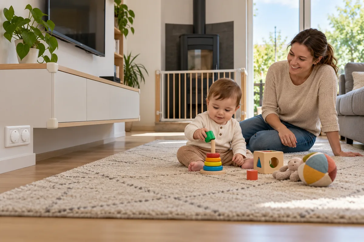 Un bébé joue sur un tapis près de sa mère dans un salon sécurisé : protège-coins sur le meuble et barrière devant le poêle.