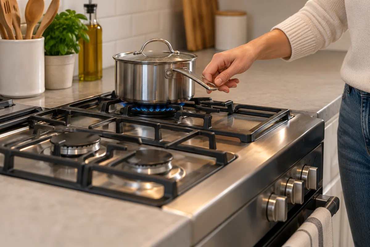 Une main oriente la poignée d'une casserole posée sur un feu arrière pour qu'elle ne dépasse pas vers l'avant de la cuisinière.