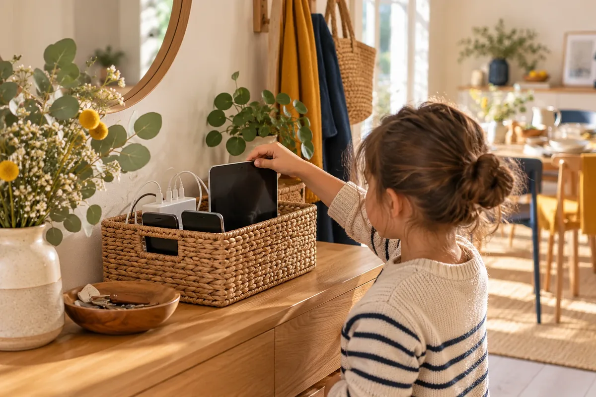 Panier de rangement pour les appareils électroniques en charge, dans un coin de la maison
