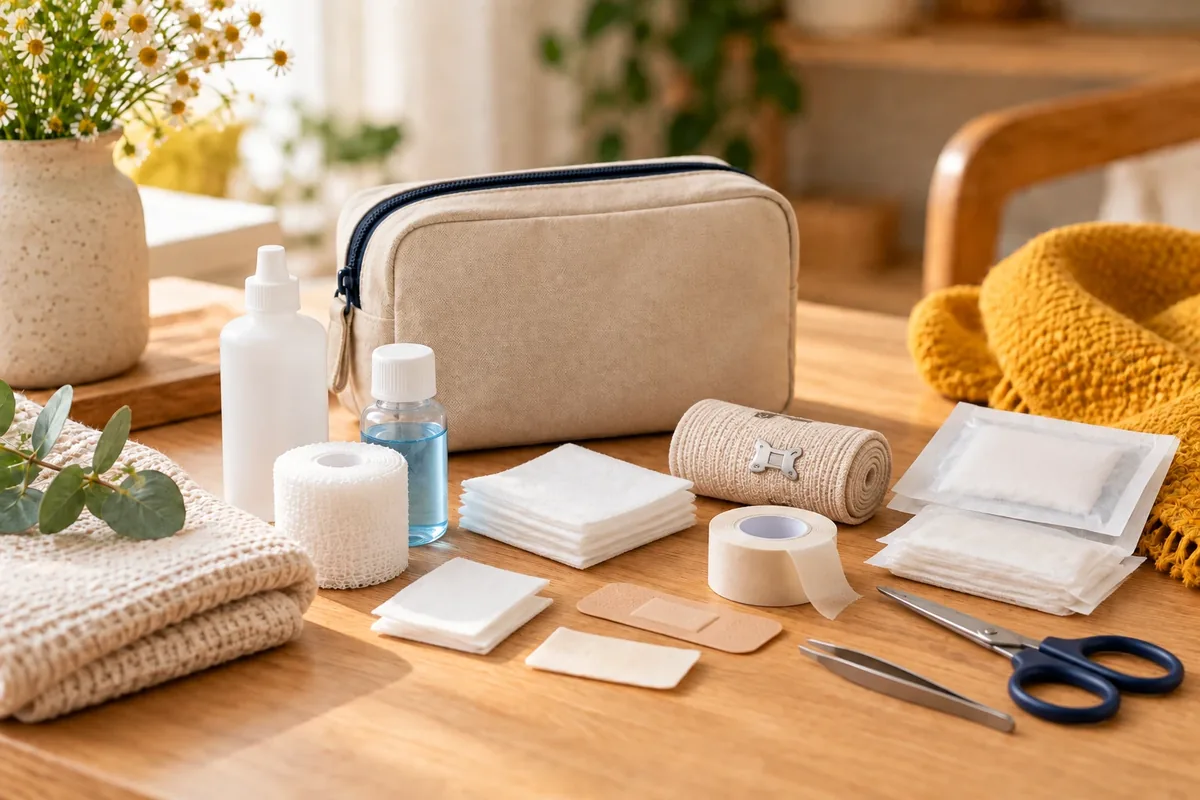 Du matériel de premiers soins de base — pansements, compresses stériles, sparadrap — disposé proprement.