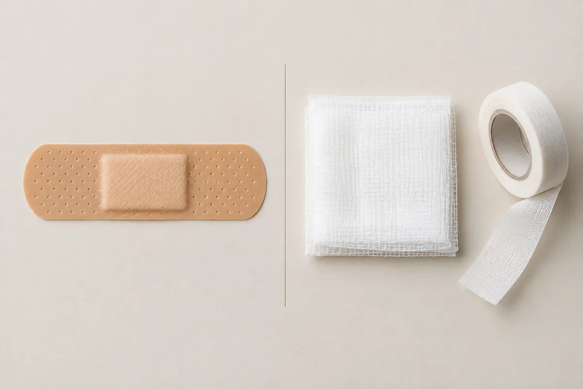 Un pansement adhésif à côté d'une compresse stérile et d'un rouleau de sparadrap.