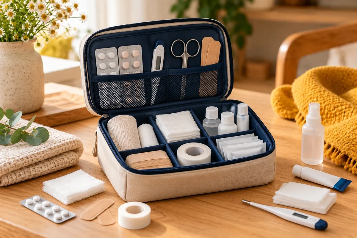 Une trousse de premiers secours ouverte et bien organisée.