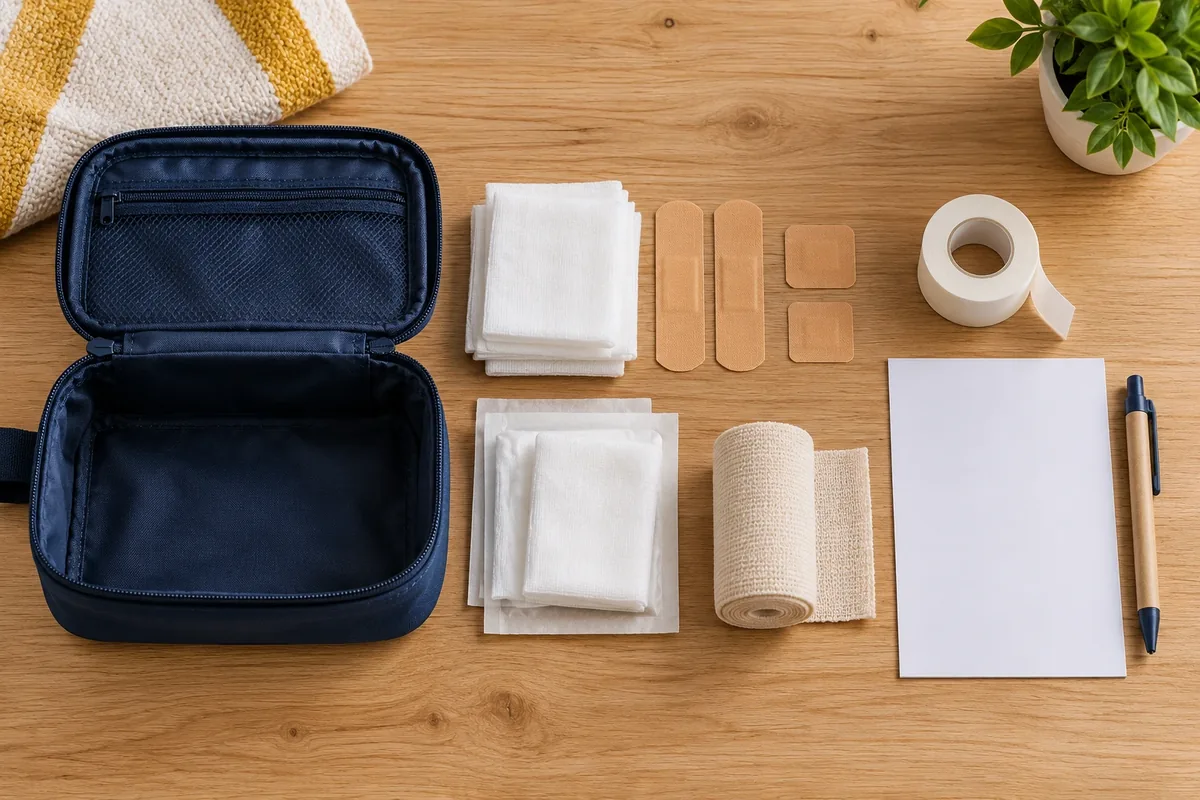 Trousse de secours ouverte et vide, vue de dessus, avec compresses, pansements, sparadrap, bande, feuille blanche et stylo posés à côté