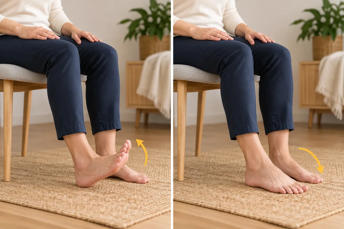 Une personne assise réalise un mouvement de flexion du pied.