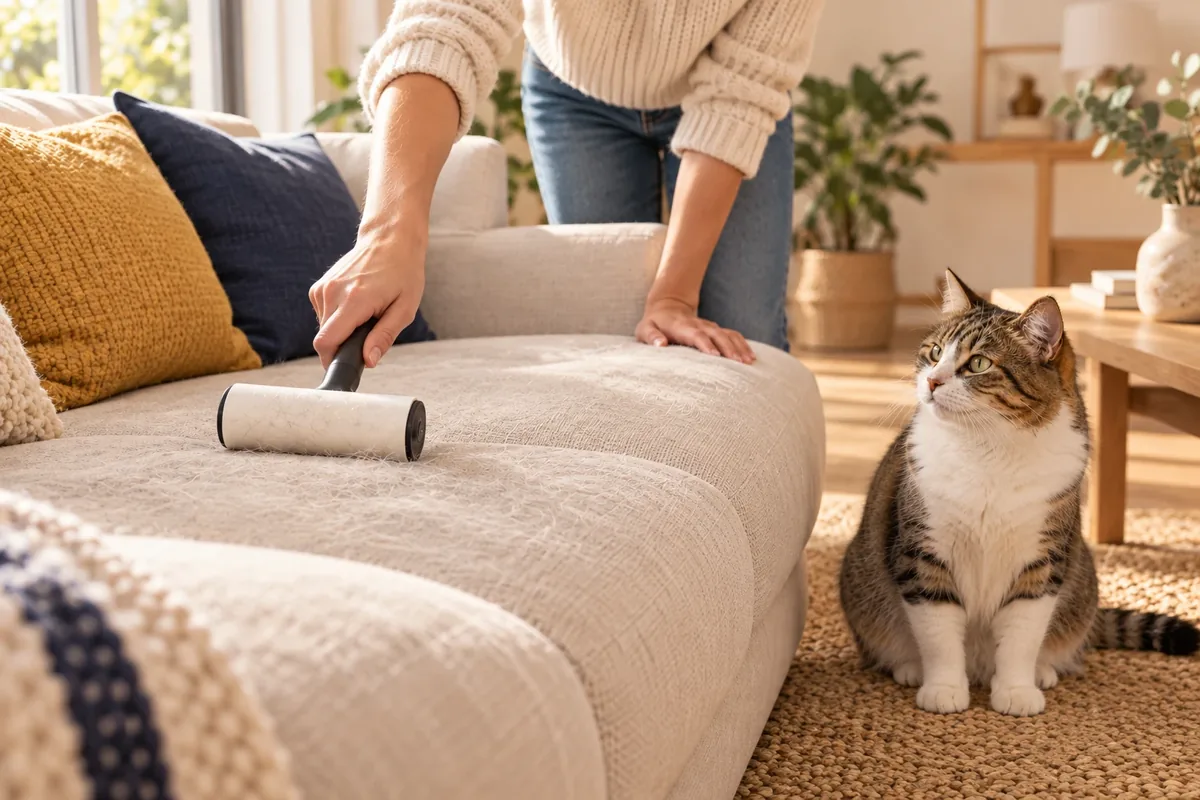 Personne passant un rouleau adhésif sur un canapé en tissu clair, avec un chat tigré assis à côté