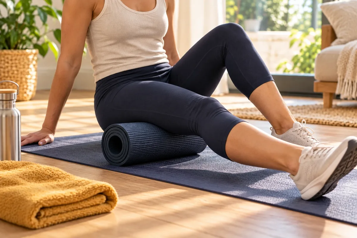 Personne utilisant un rouleau de massage sur la cuisse, assise au sol