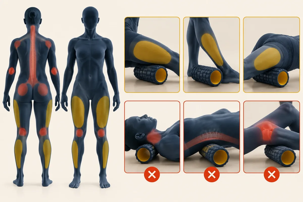 Schéma indiquant les zones adaptées et les zones à éviter avec un rouleau de massage