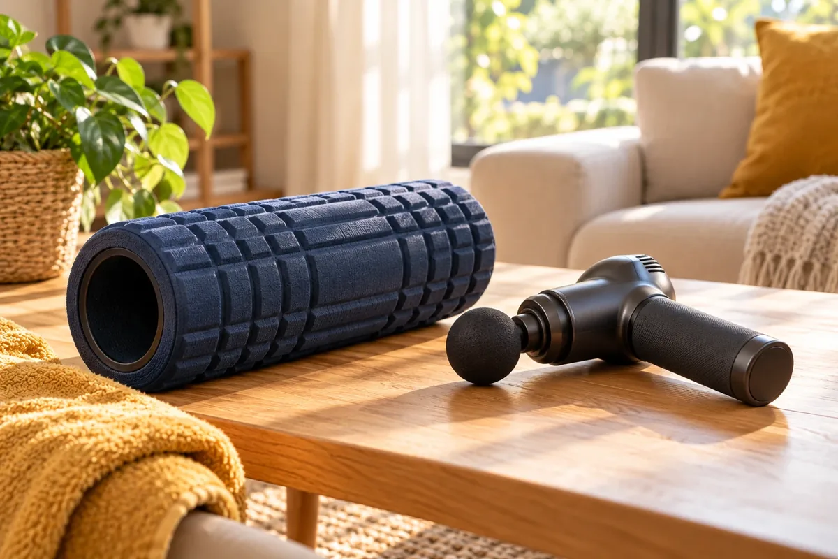 Rouleau de massage et pistolet de massage posés côte à côte sur une table