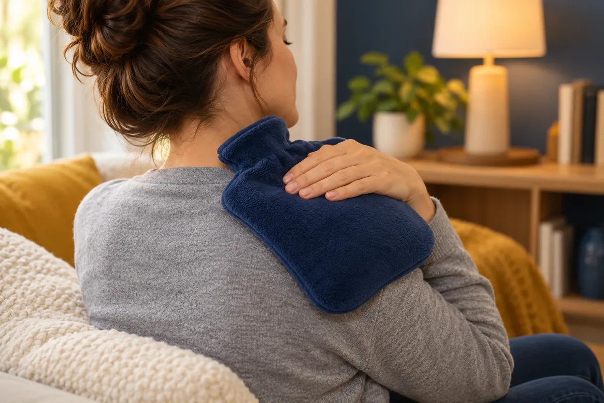 Une personne assise applique une bouillotte sur son épaule, par-dessus un vêtement.