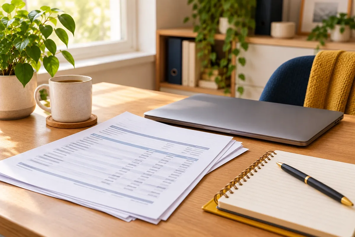 Relevé bancaire papier générique posé sur un bureau, en cours de relecture