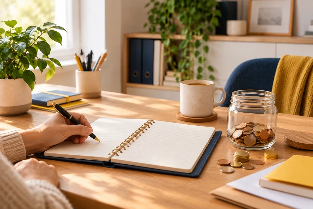 Carnet de budget et pot d'épargne symbolique posés sur une table
