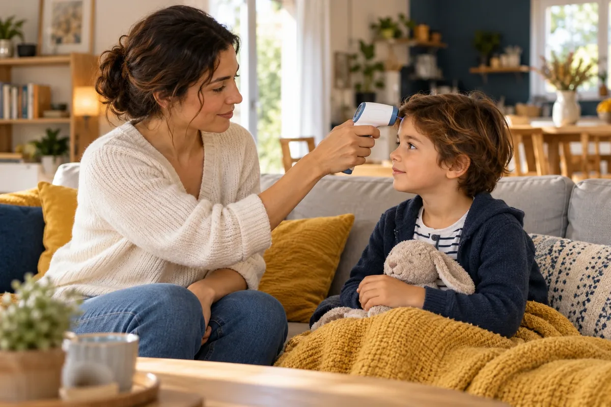 Un parent mesure la température au front d'un enfant calme avec un thermomètre sans contact.