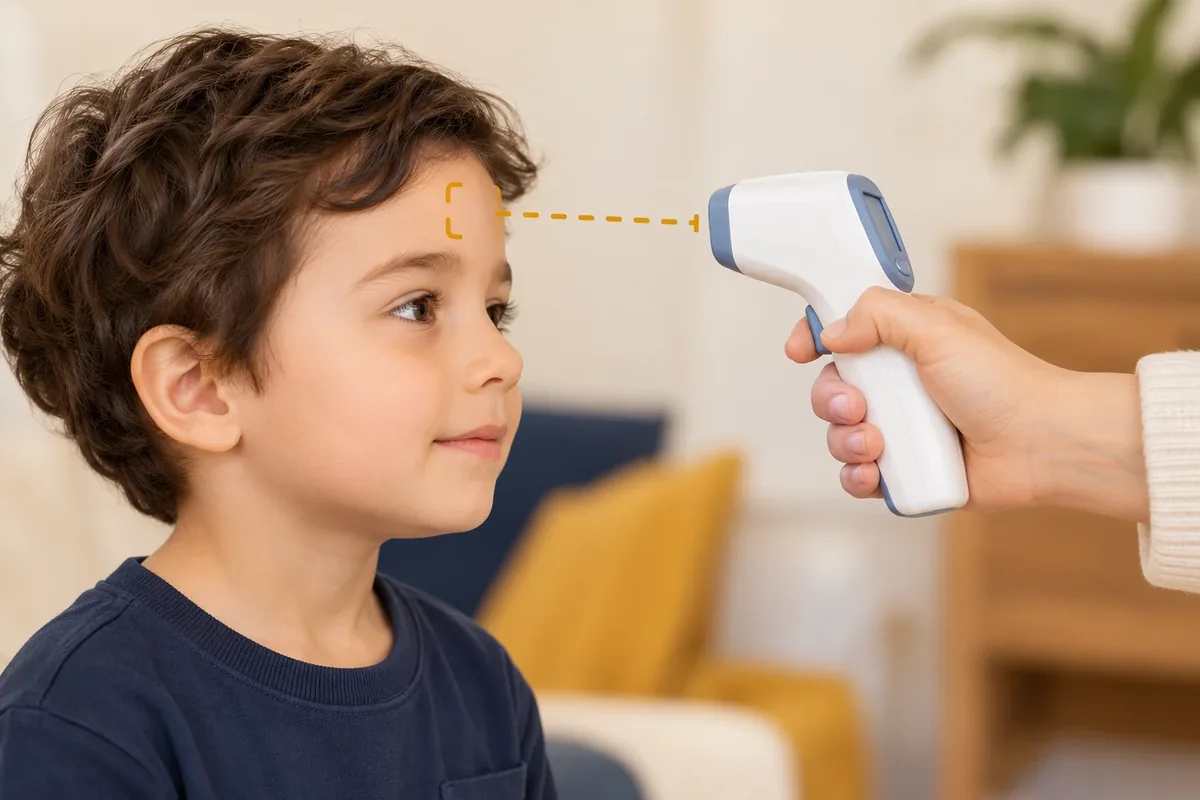 Un parent mesure la température au front d'un enfant calme avec un thermomètre sans contact.