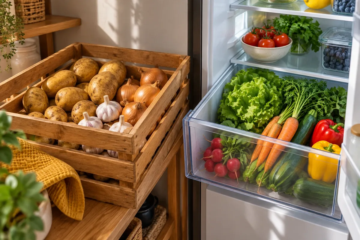 Fruits et légumes rangés dans deux espaces de stockage différents