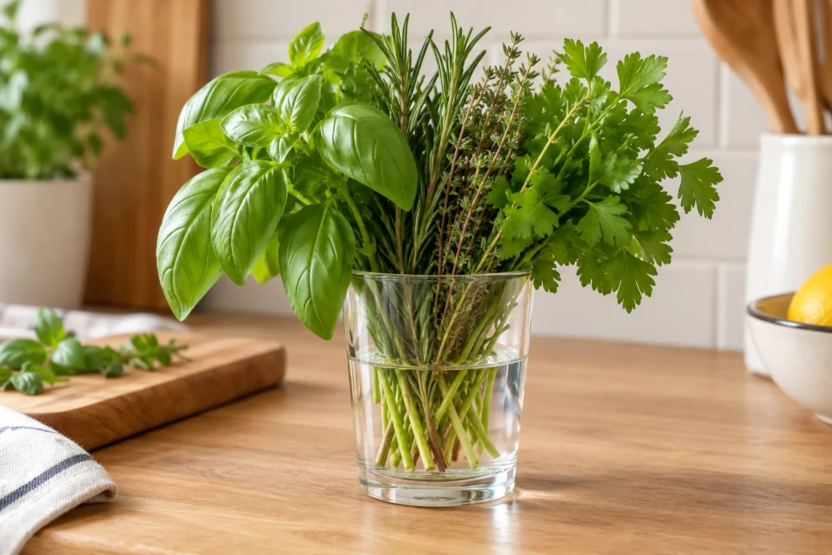 Herbes fraîches conservées en bouquet dans un verre d'eau