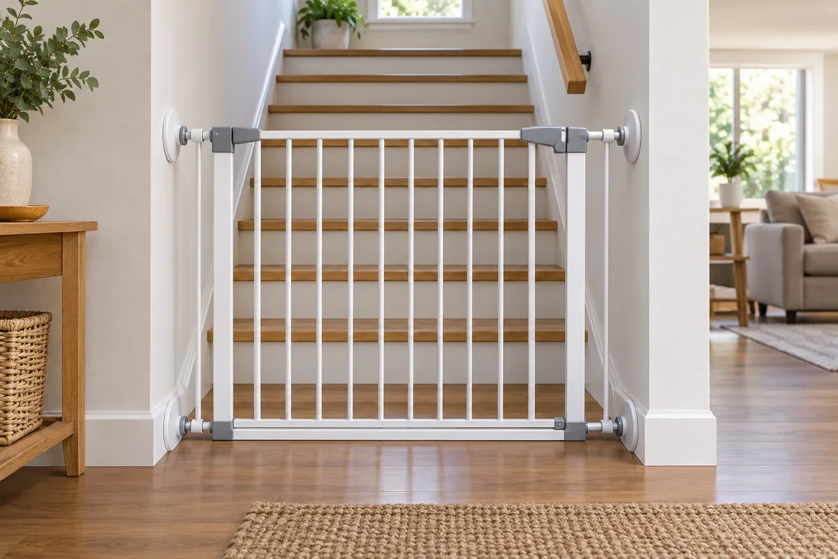 Une barrière blanche à pression est calée entre les deux murs au pied d’un escalier en bois, sans aucune vis.