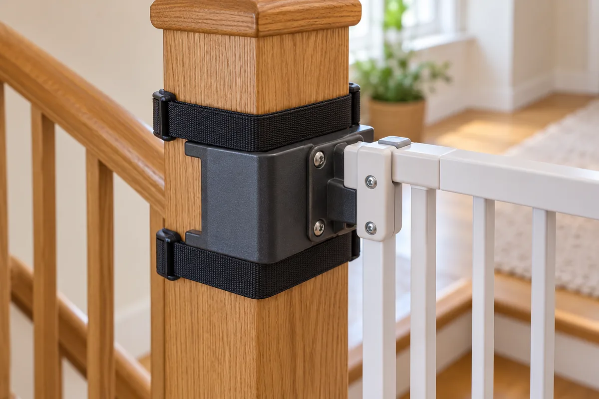 Un adaptateur fixé par des sangles autour du poteau d'escalier sert de support à une barrière blanche, sans percer le bois.