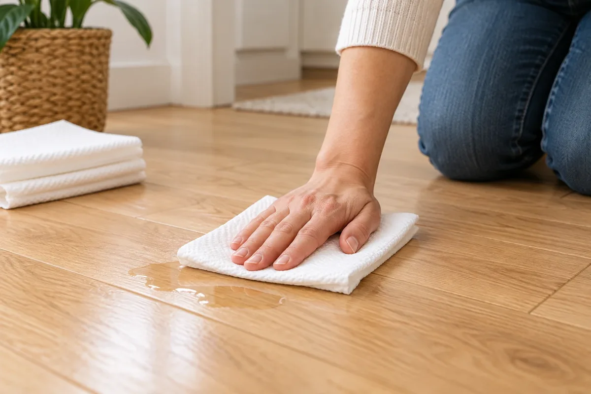Papier absorbant posé sur une trace au sol pour absorber sans frotter