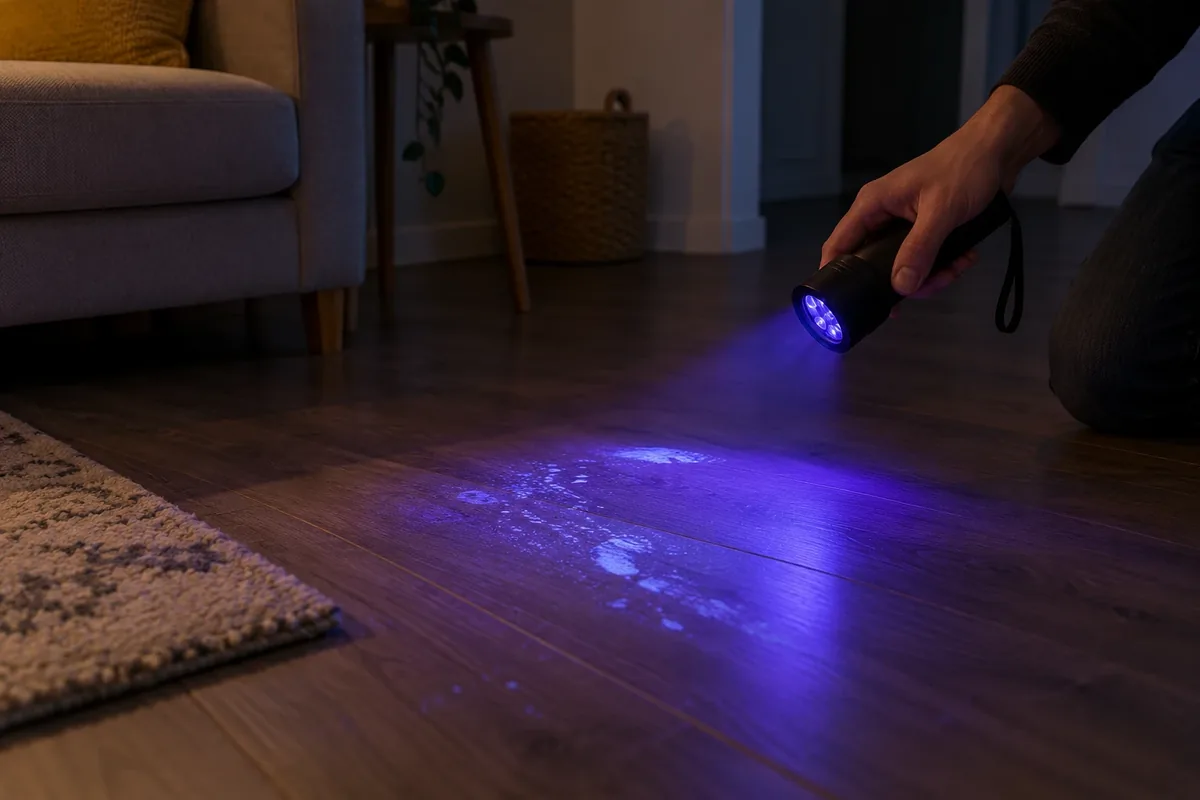 Lampe UV utilisée dans une pièce sombre pour repérer une trace au sol