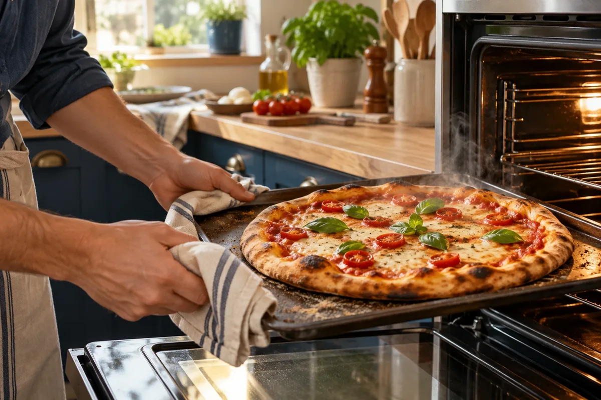 Pizza maison croustillante sortant du four