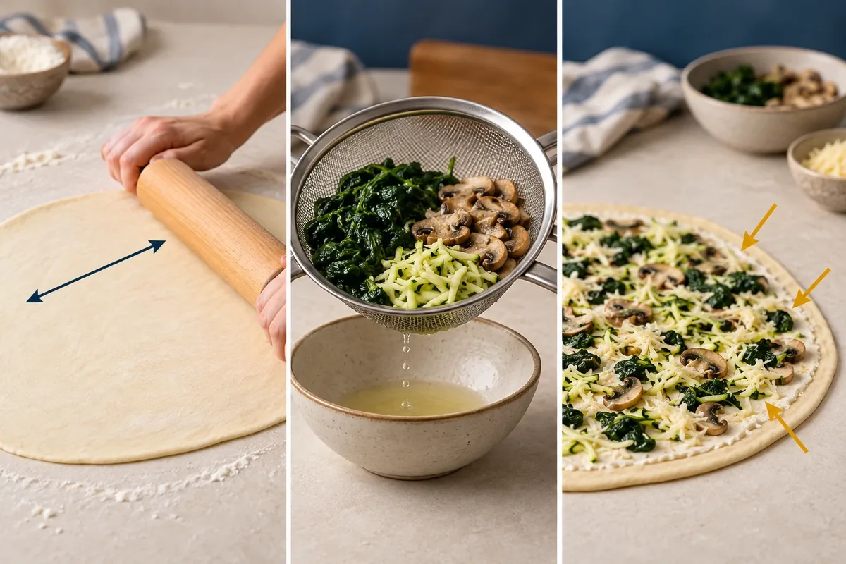 Séquence de préparation d'une pâte à pizza fine et peu garnie