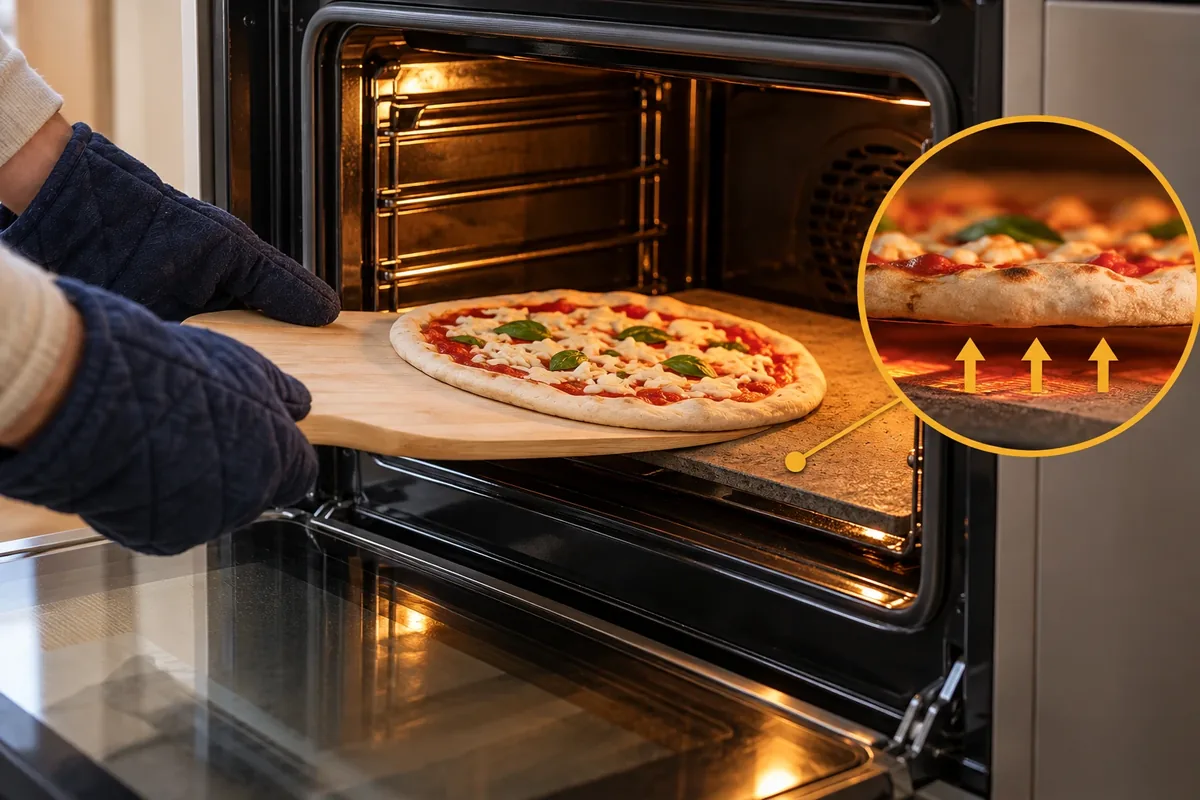 Pizza positionnée sur le gradin le plus bas d'un four