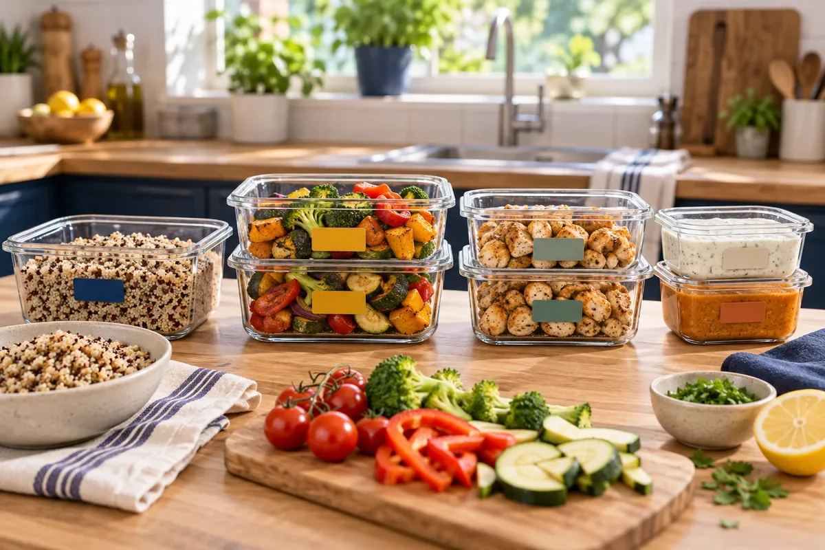 Contenants séparés de céréales, légumes, protéine et sauce sur un plan de travail