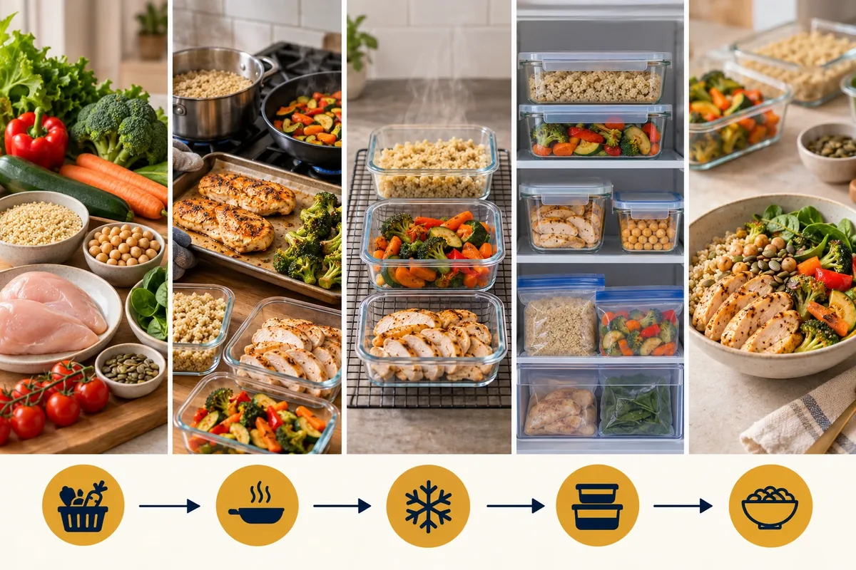 Séquence des cinq étapes d'une session de batch cooking