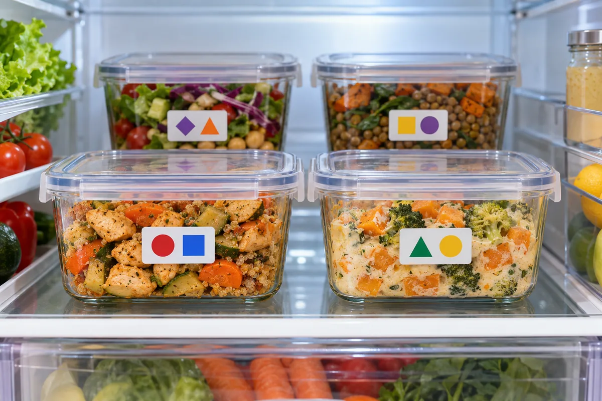 Quatre boîtes de plats préparés au réfrigérateur, chacune repérée par une étiquette à formes de couleur, les plus récentes derrière.
