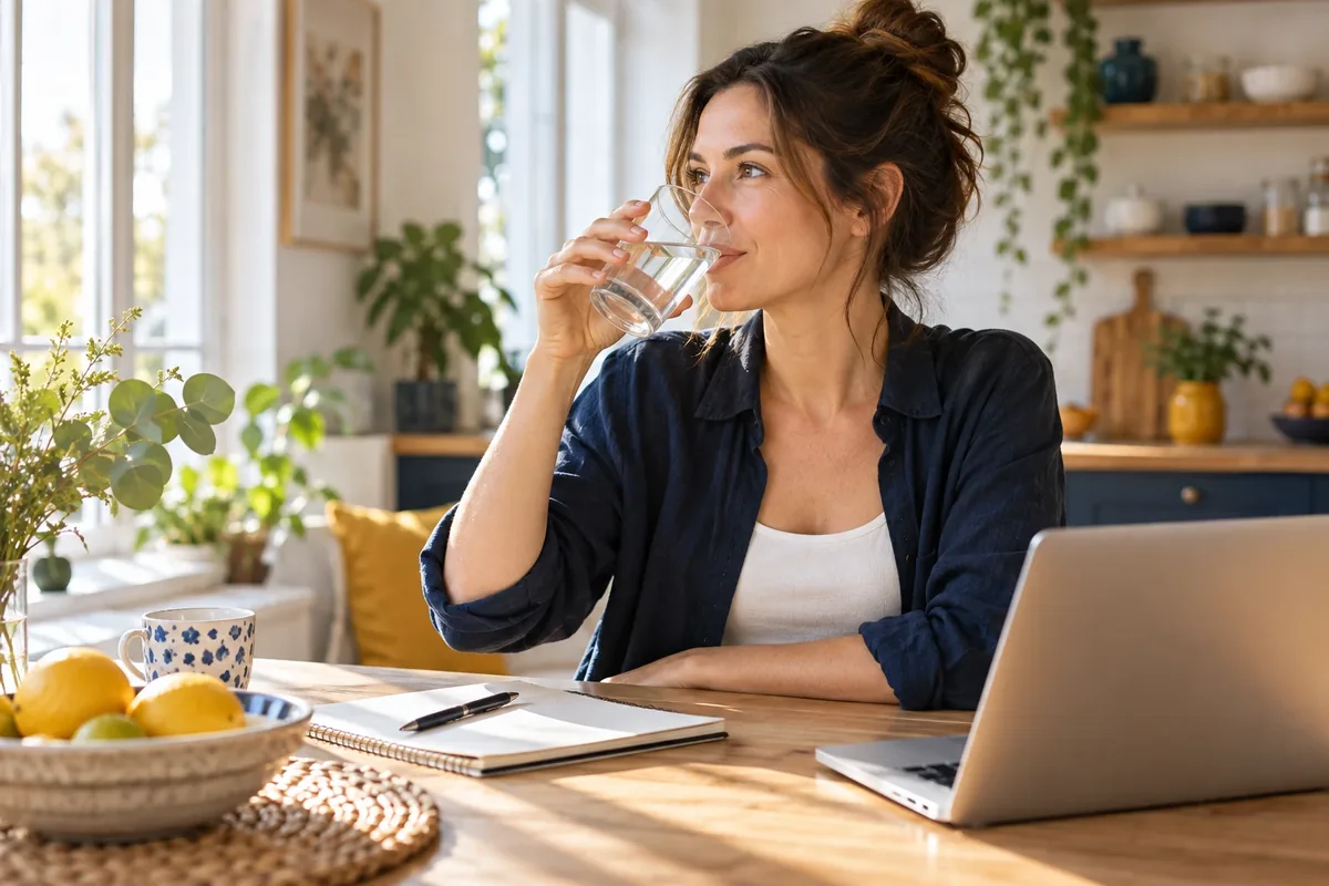 Une personne boit un verre d'eau dans un intérieur lumineux et chaleureux.