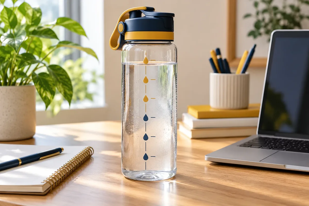 Gourde transparente remplie d'eau portant une échelle de repères en forme de gouttes, posée sur un bureau près d'un ordinateur