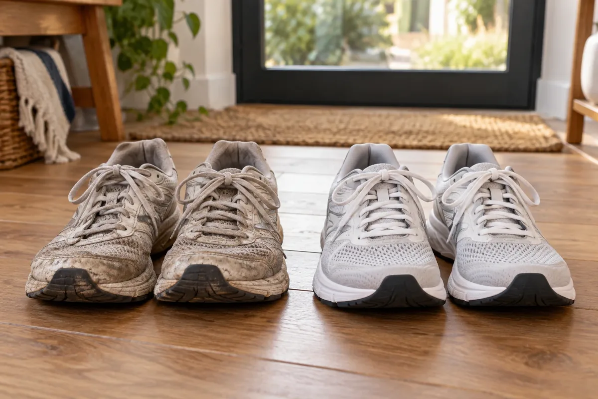 Deux paires de chaussures de running posées côte à côte, l'une plus usée que l'autre