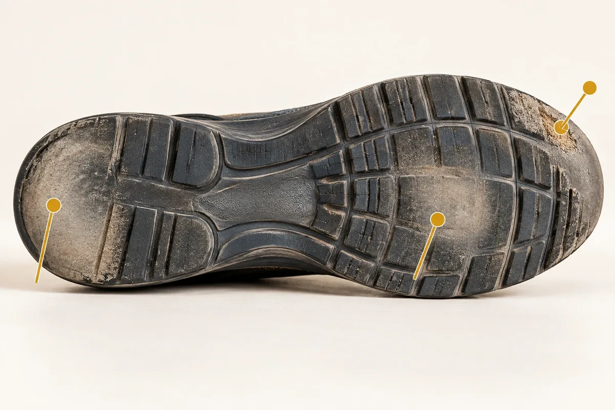 Semelle de chaussure de running avec zones d'usure repérées