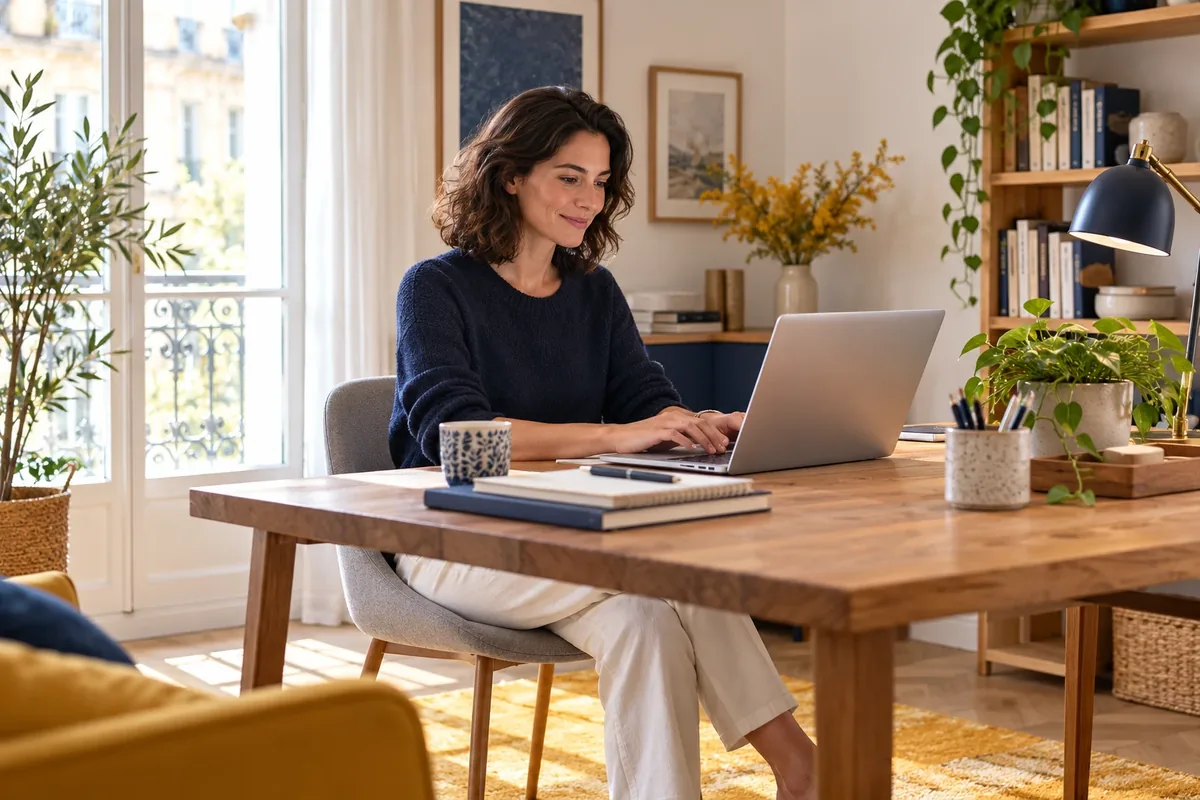Un bureau à domicile chaleureux et lumineux, une personne travaillant à son ordinateur.