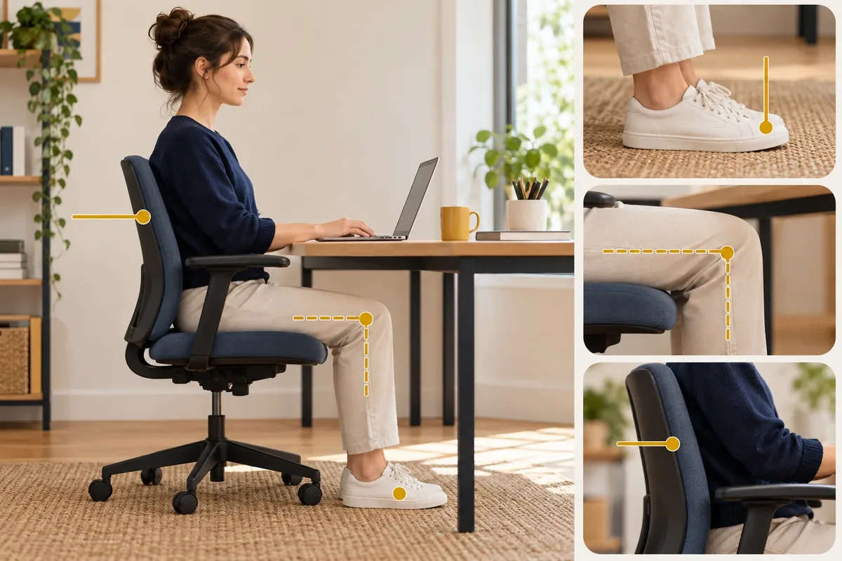 Une personne assise à son bureau avec des repères visuels.