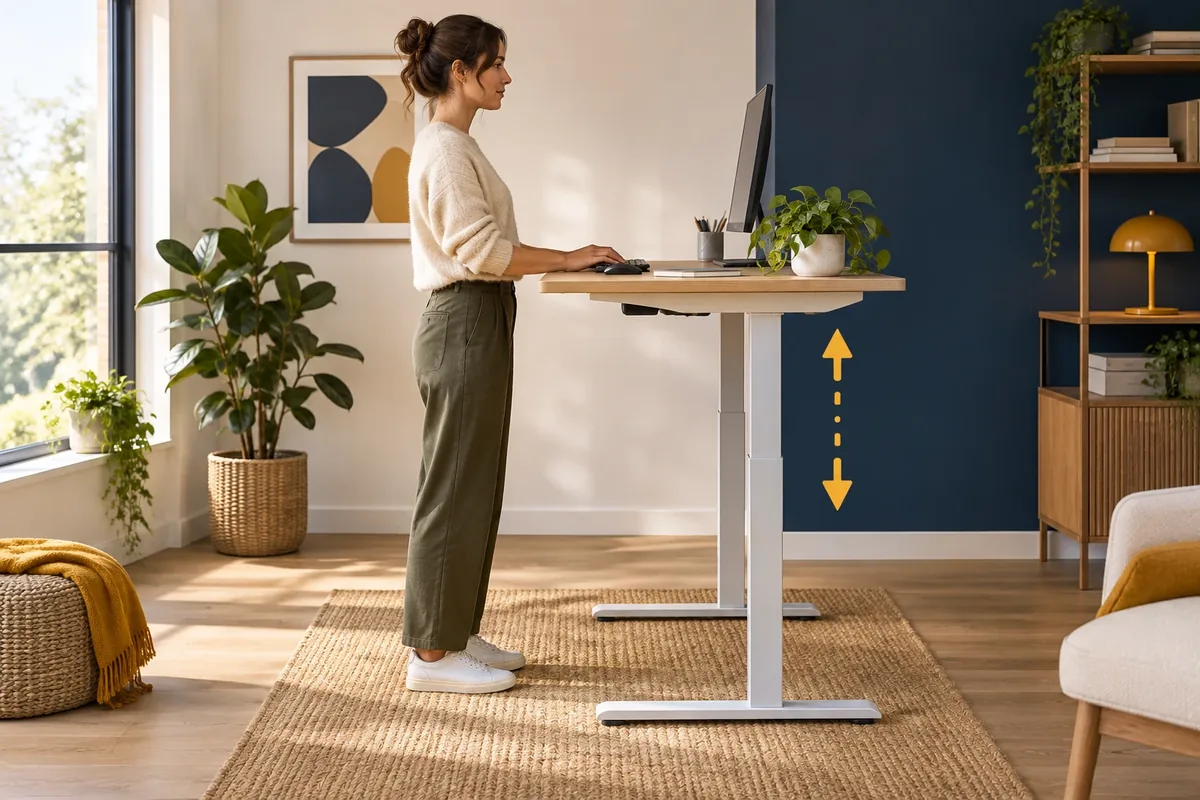 Un bureau à hauteur réglable positionné en mode debout.