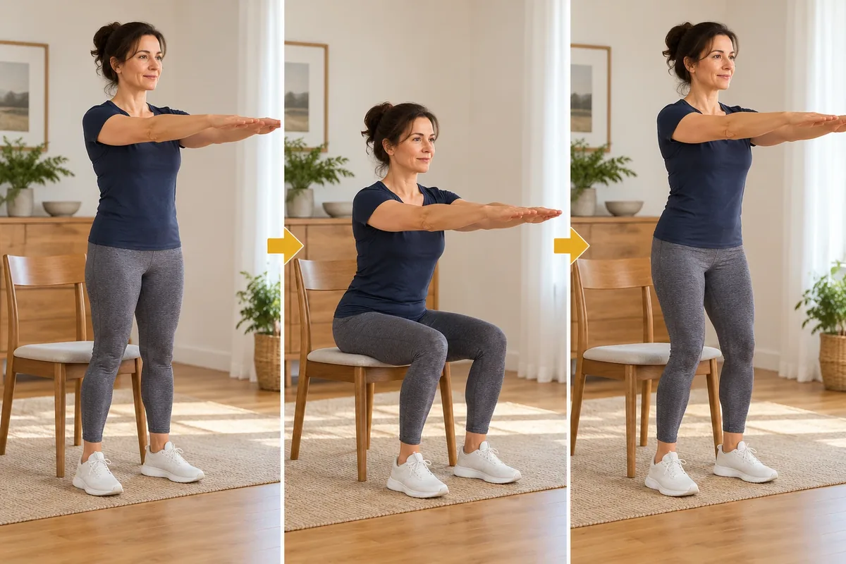 Personne effectuant un squat assis-debout avec une chaise stable comme repère