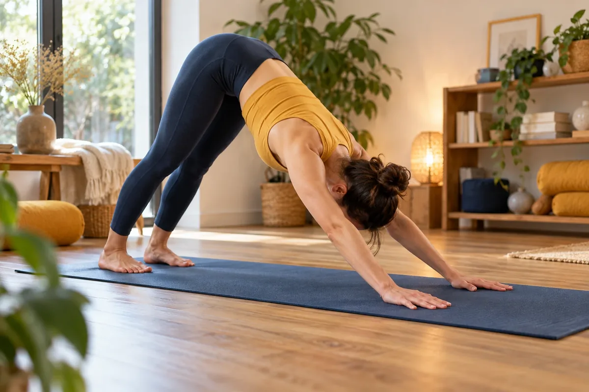 Personne en posture de yoga, mains posées sur un tapis déroulé au sol