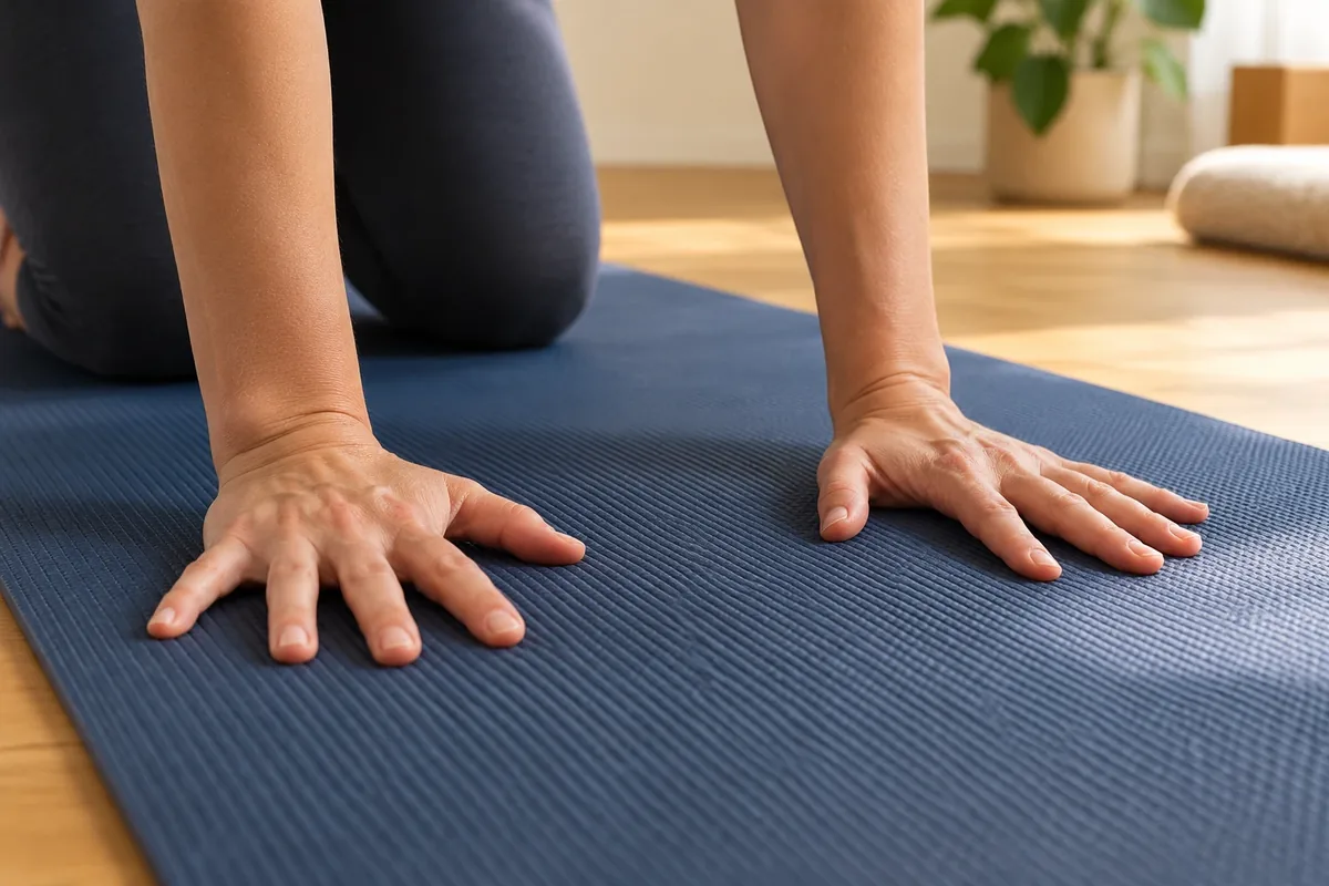 Gros plan sur des mains posées sur la texture d'un tapis de yoga