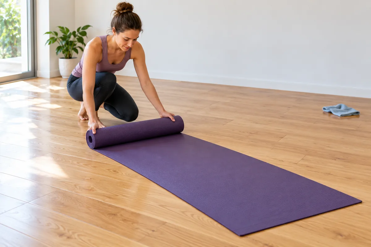 Une femme déroule entièrement un tapis de yoga violet sur un parquet dégagé ; un chiffon est posé sur le sol à côté.