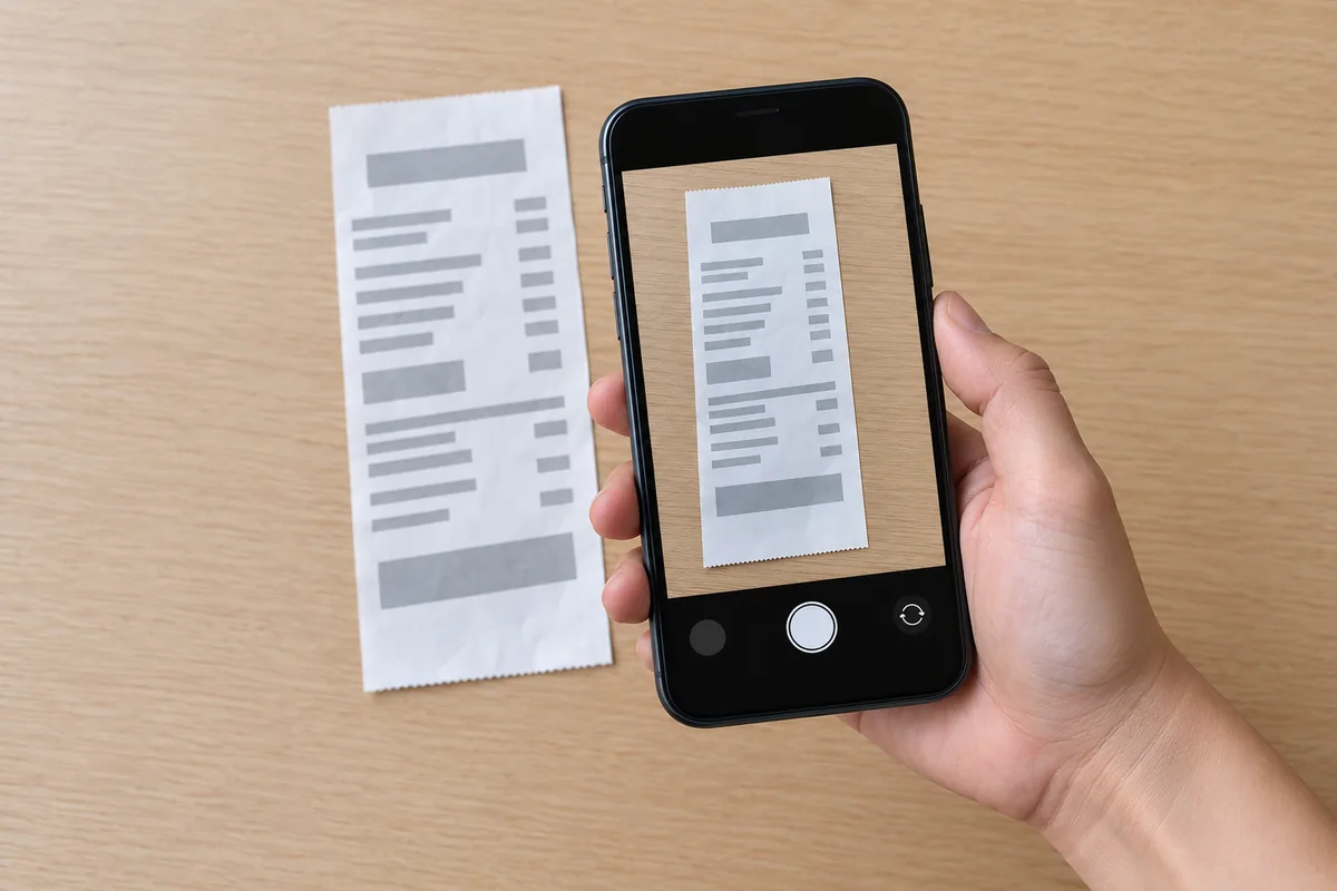 Une main photographie un ticket de caisse posé sur une table avec l’appareil photo d’un smartphone pour le numériser.