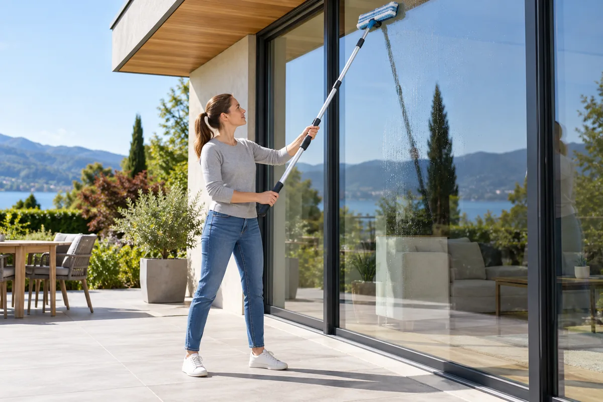 Une femme debout, bien droite sur un sol sec, nettoie le haut d’une grande baie vitrée avec une perche télescopique, sans échelle.