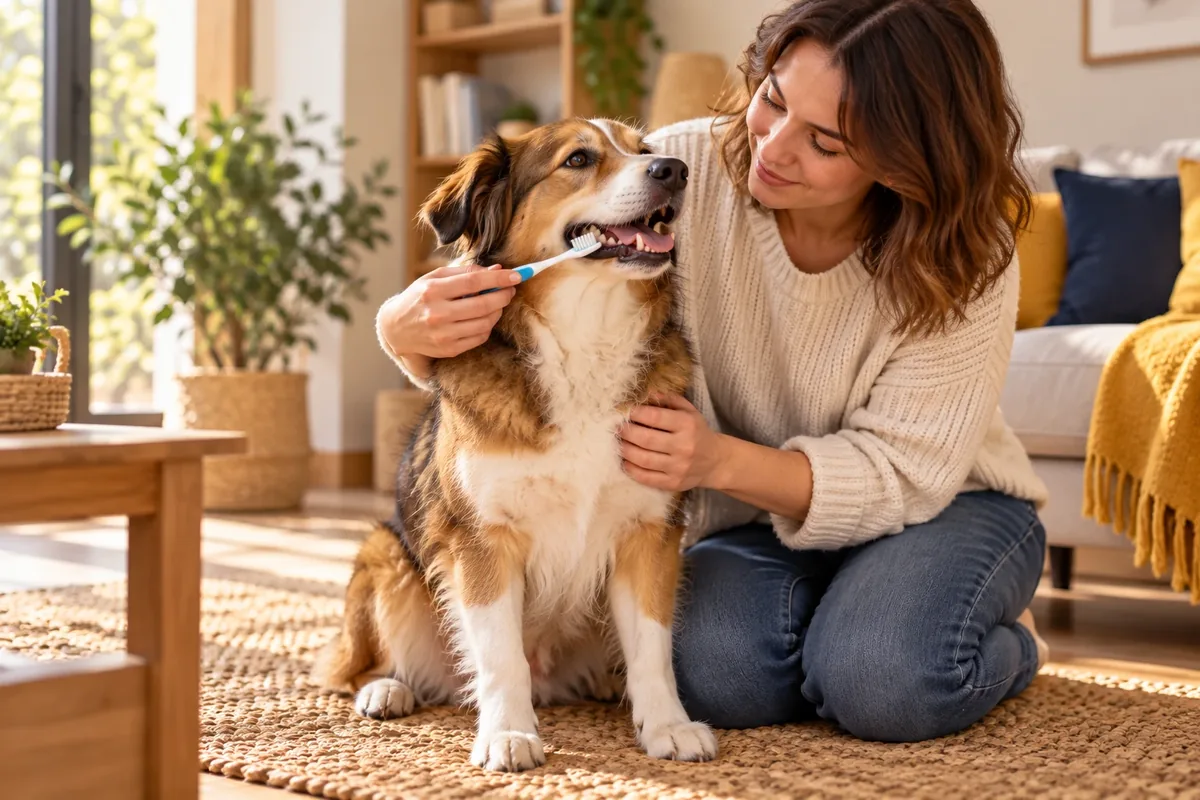 Femme brossant les dents d'un chien avec une brosse à dents, agenouillée près de lui sur un tapis dans un salon lumineux