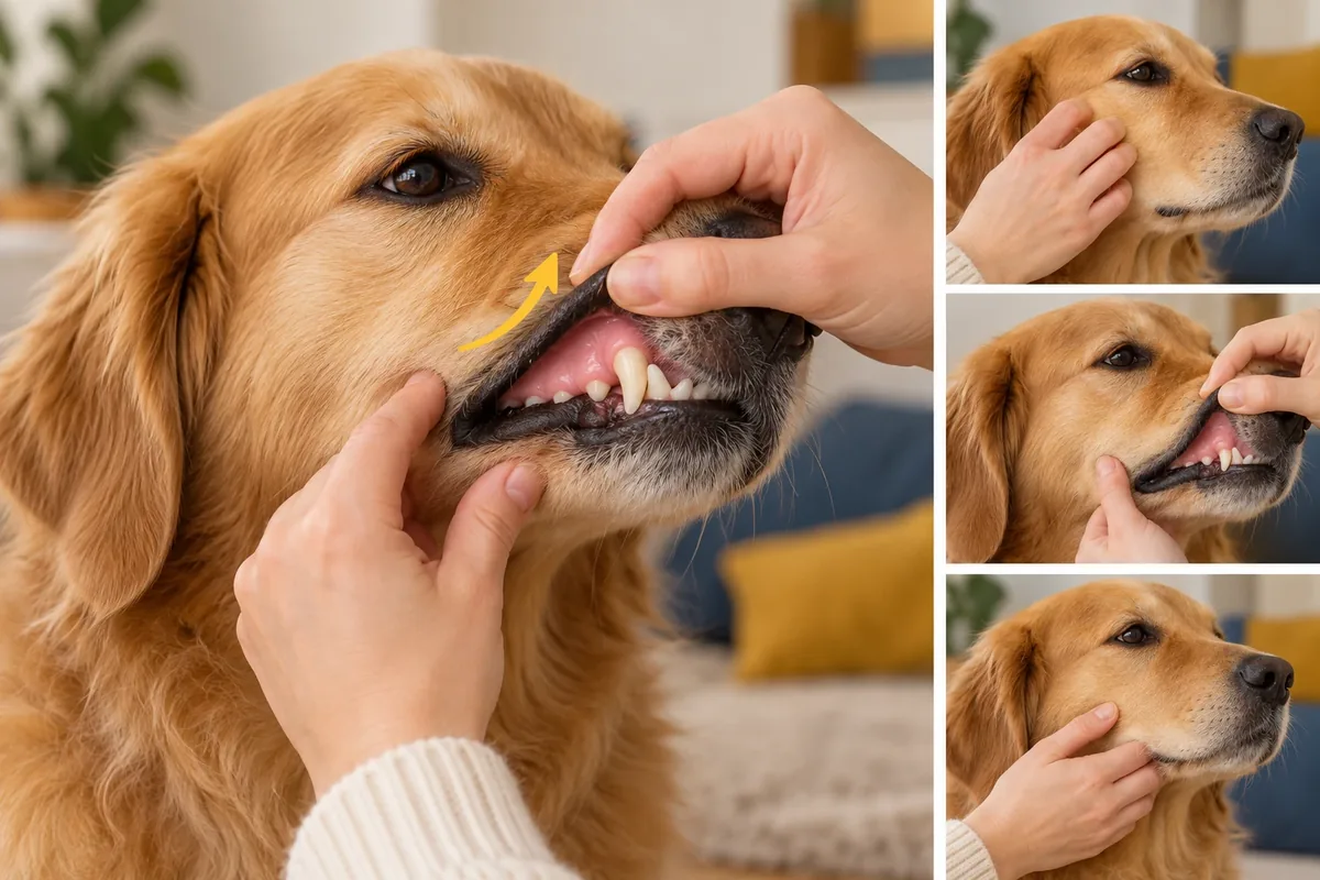 Main soulevant doucement la babine d'un chien pour une habituation courte