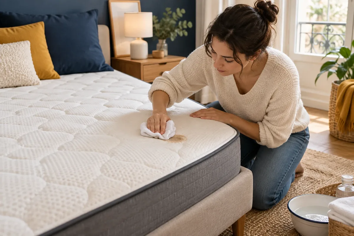 Personne épongeant délicatement une tache sur un matelas