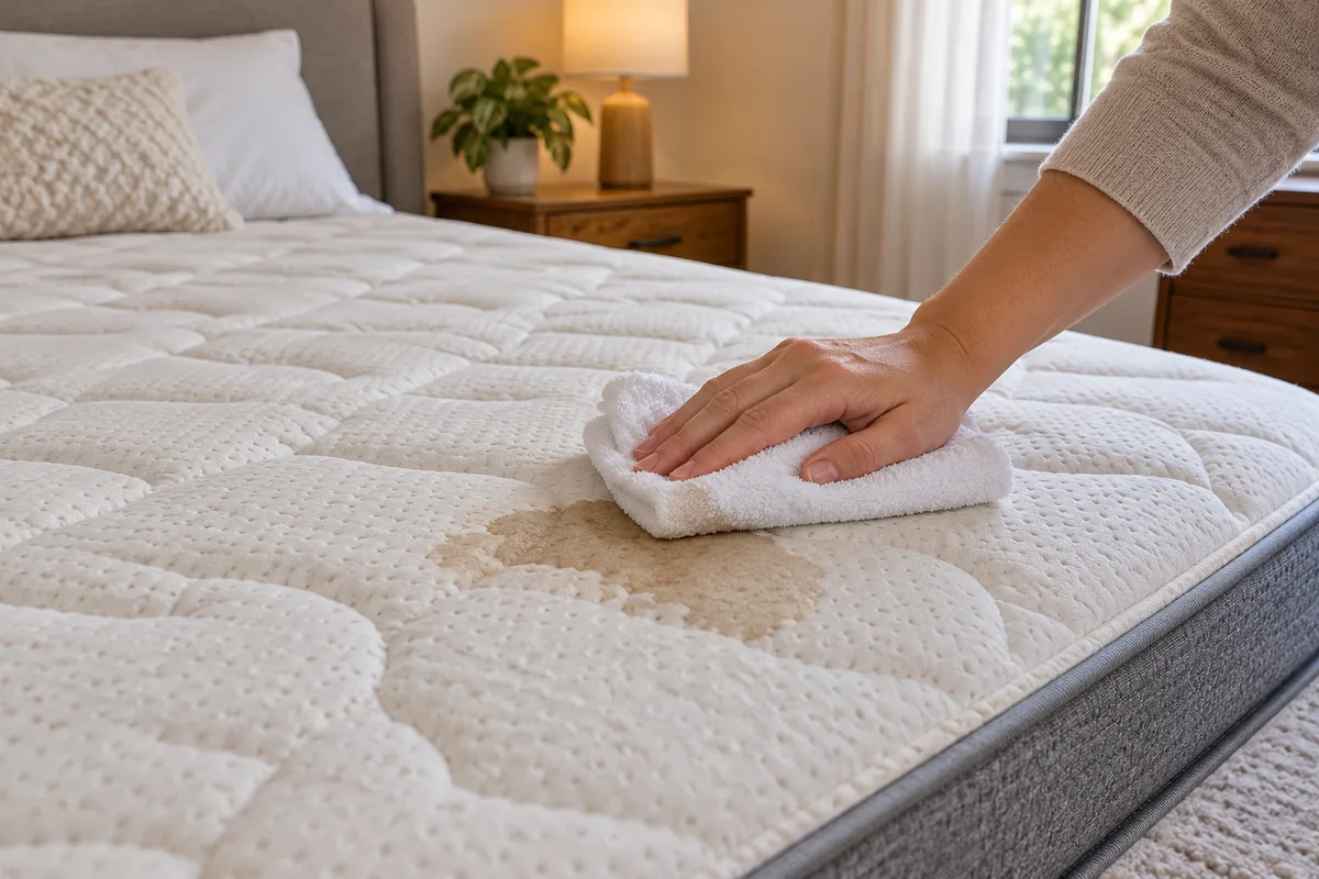 Une main presse une serviette blanche sur un matelas matelassé, juste au bord d’une tache brunâtre.