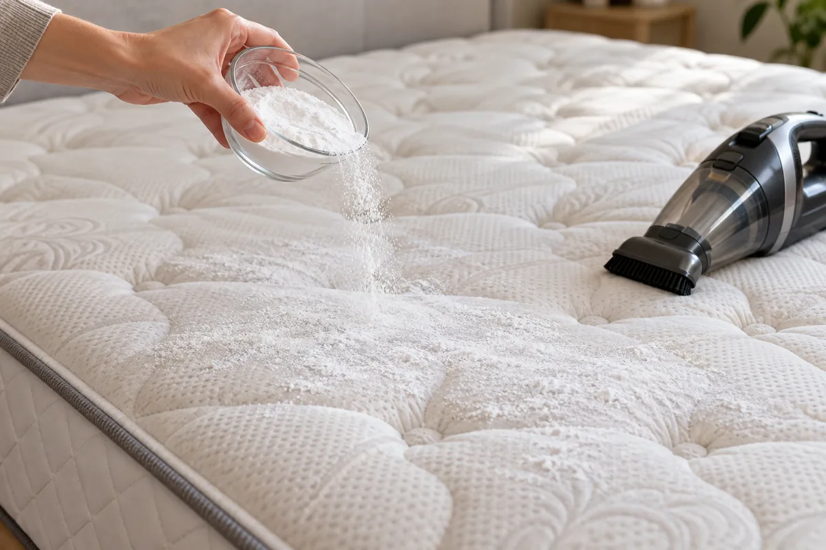 Une main saupoudre du bicarbonate sur un matelas, un aspirateur à main posé à côté ; image sans rapport avec l’article.