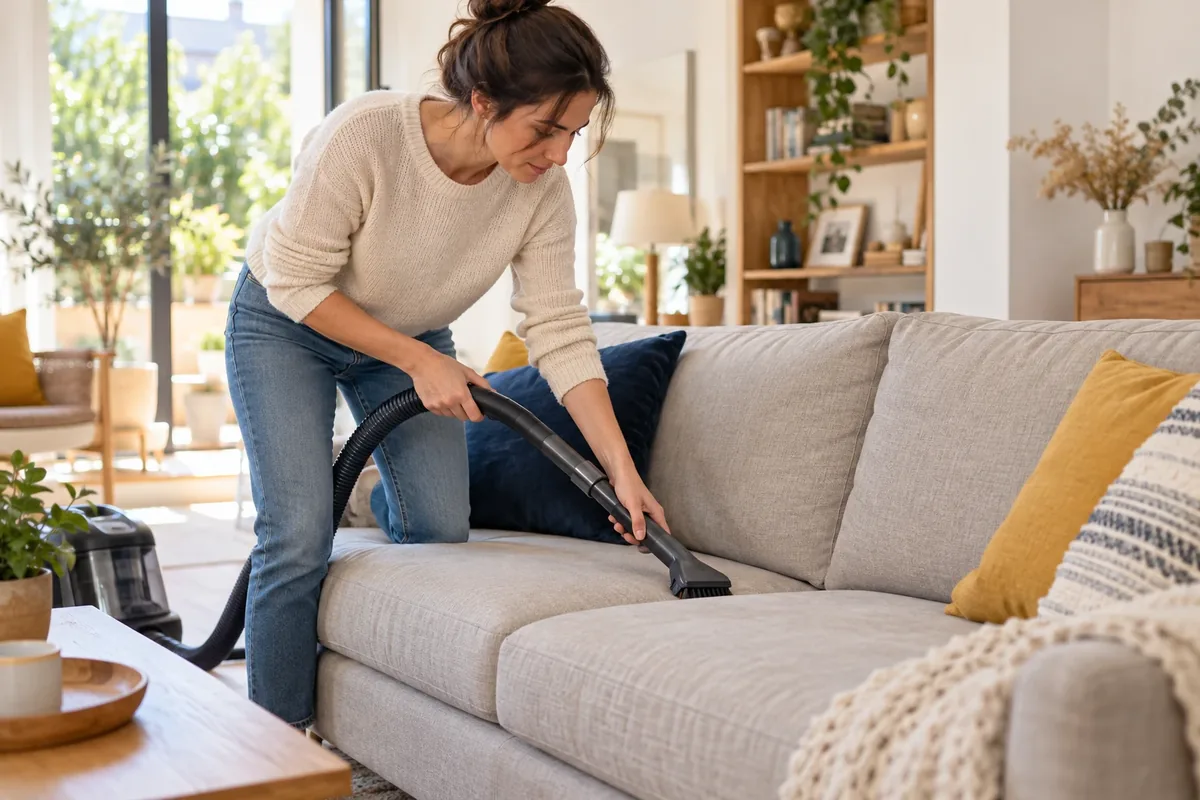 Personne aspirant l'assise d'un canapé en tissu avant de traiter une tache