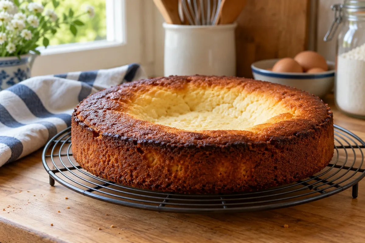 Gâteau aux bords brûlés et au centre pâle sur une grille