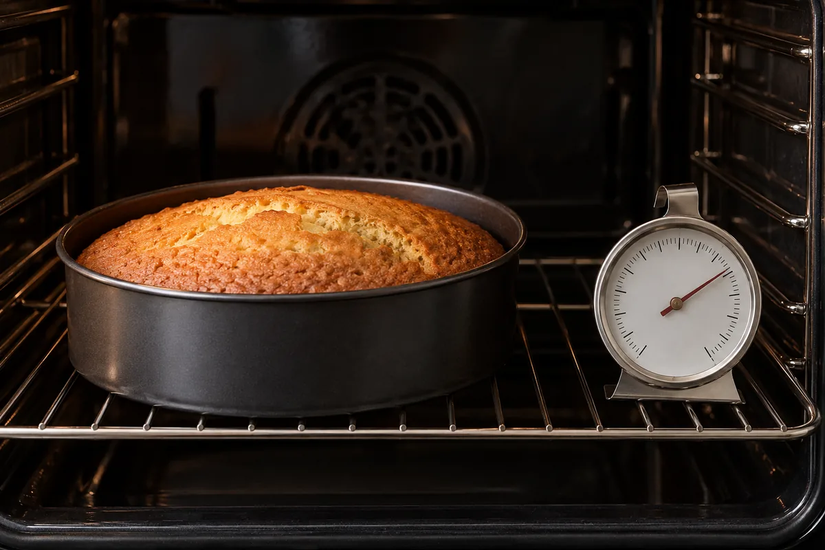Un gâteau cuit dans un moule posé sur la grille d'un four, à côté d'un thermomètre de four à aiguille.